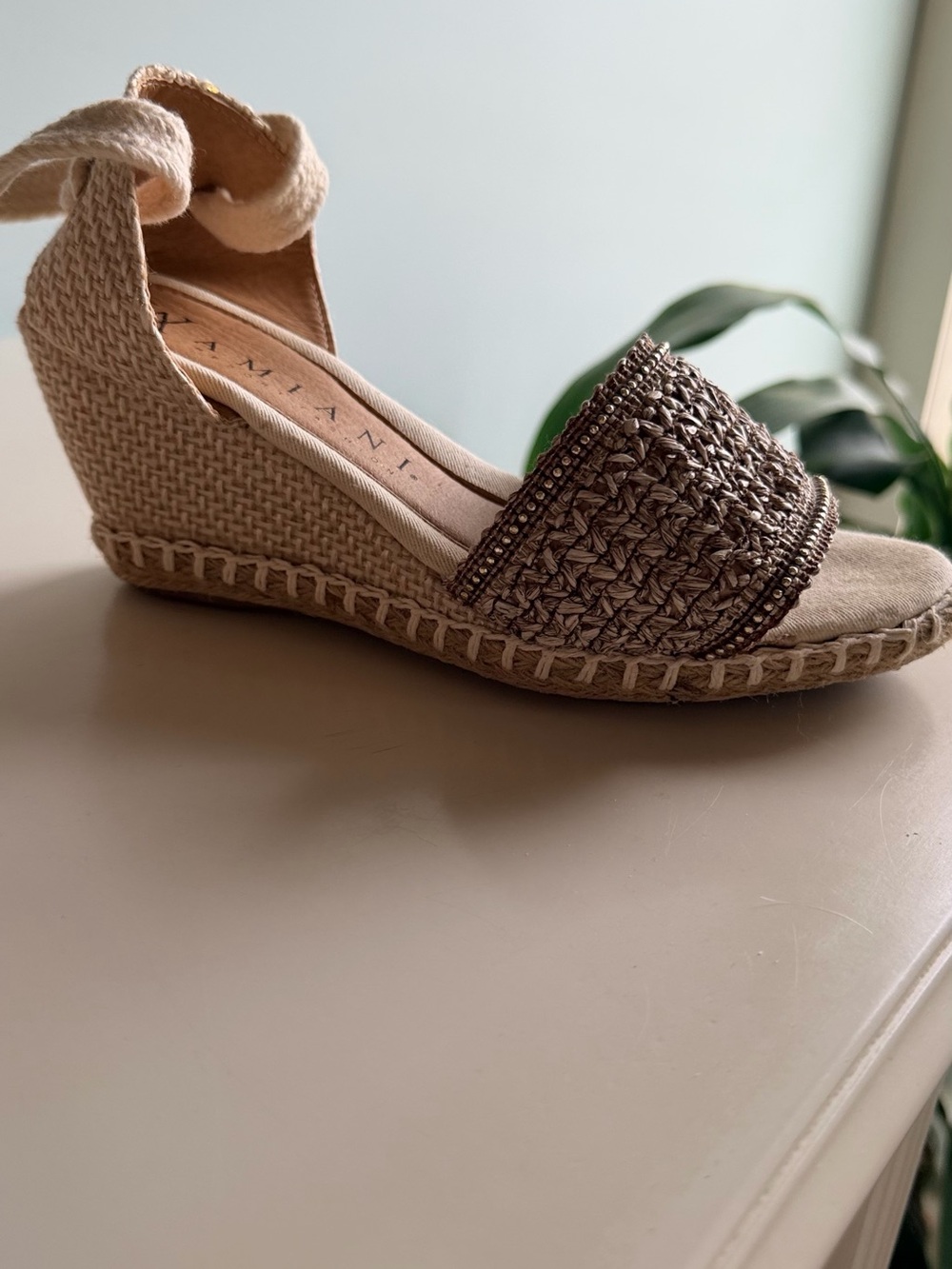 VANELI Beige and Brown Woven Espadrille Wedge Sandals